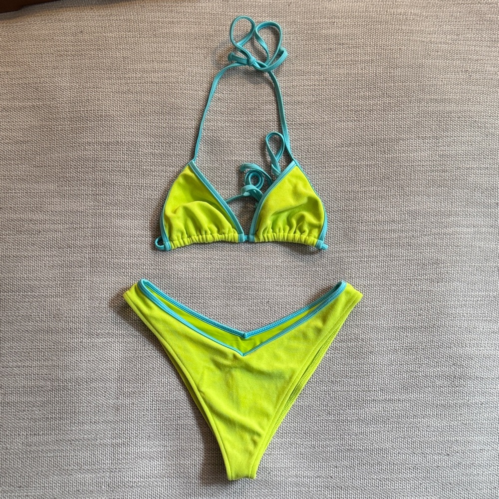 Neon Lime Triangle Bikini with Teal Trim - Picture 2 of 5